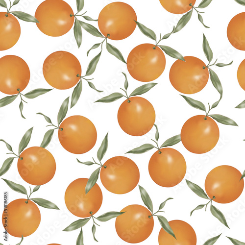 Summer pattern with oranges and leaves. Seamless texture design on whit background