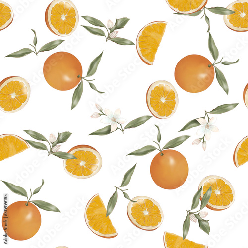 Summer pattern with oranges, flowers and leaves. Seamless texture design on whit background