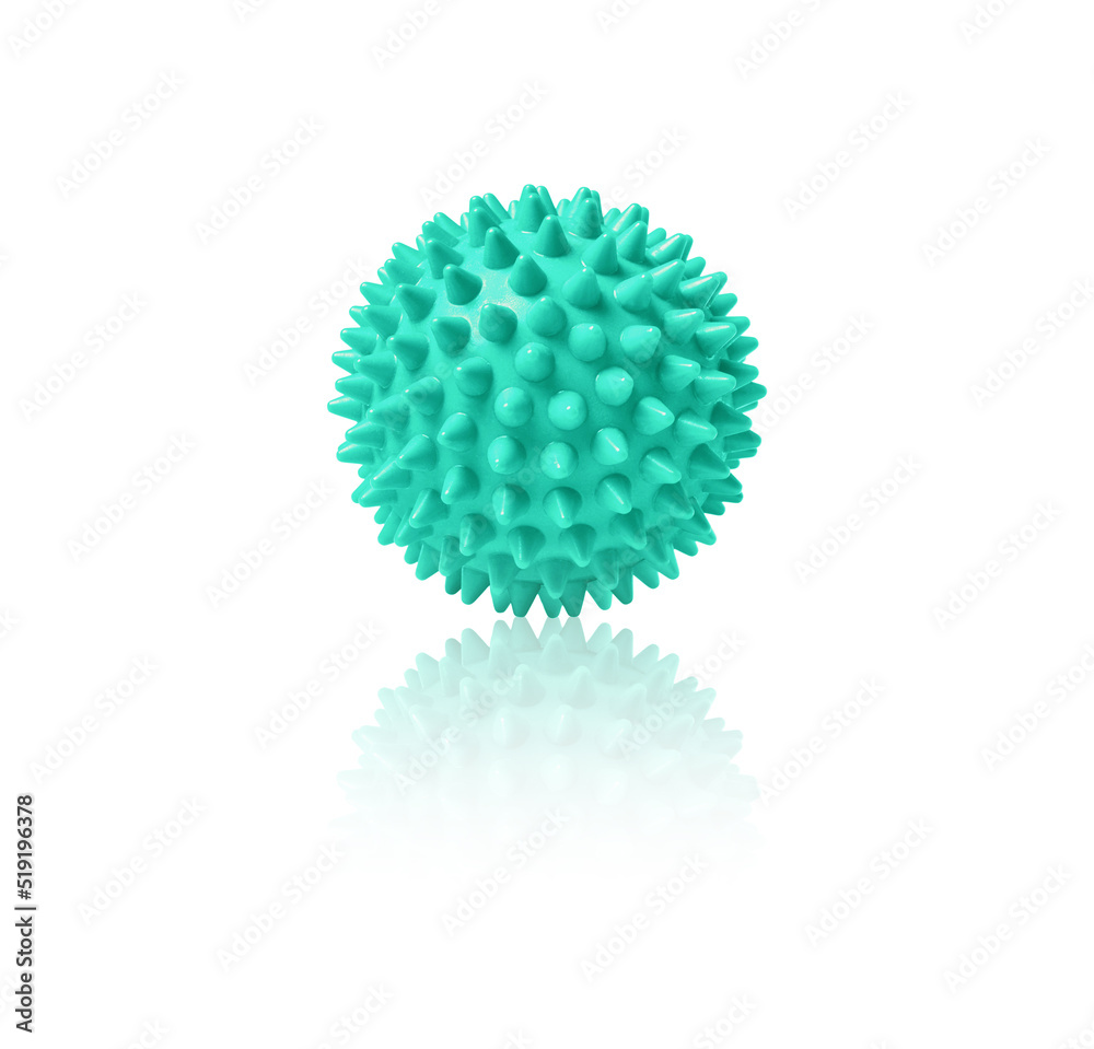 Blue plastic spiny massage ball isolated on white. Concept of physiotherapy or fitness. Closeup of a colorful rubber ball for dog teeth on a white color background. Corona virus model. Blue plastic spiny massage ball isolated on white. Concept of physiotherapy or fitness. Closeup of a colorful rubber ball for dog teeth on a white color background. Corona virus model.