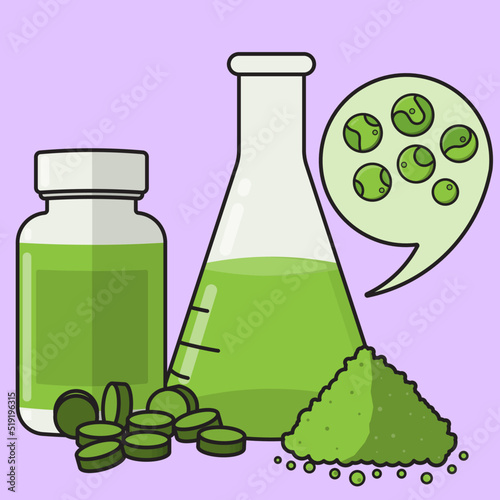 Chlorella is a a green microalgae comprised of over 40% protein. It is also rich in iron, fiber,  vitamins,  carbohydrates, polyunsaturated fats, and antioxidants like lutein pigment. photo