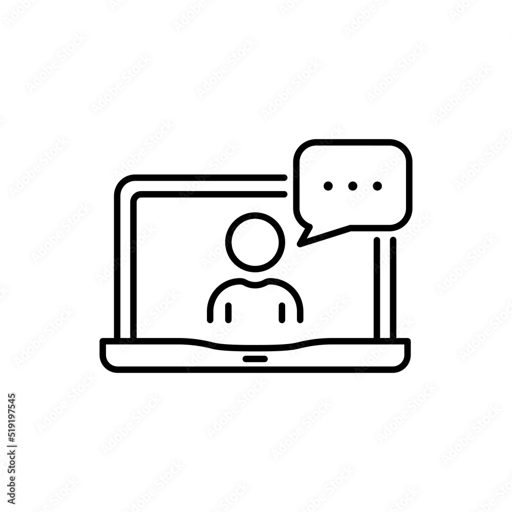 Video Conference on Laptop Line Icon. Online Web Business Chat on Computer Linear Pictogram. Virtual Communication Meeting Work from Home Outline Icon. Editable Stroke. Isolated Vector Illustration Video Conference on Laptop Line Icon. Online Web Business Chat on Computer Linear Pictogram. Virtual Communication Meeting Work from Home Outline Icon. Editable Stroke. Isolated Vector Illustration