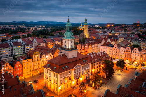 Beautiful architecture of the Town Hall Square in Jelenia Gora at dusk, Poland