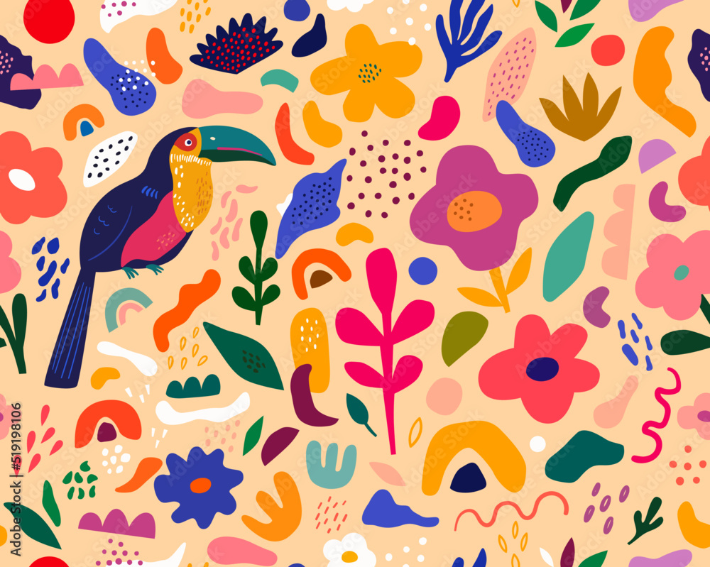 Colorful blooming Seamless pattern with bird Toucan and flowers