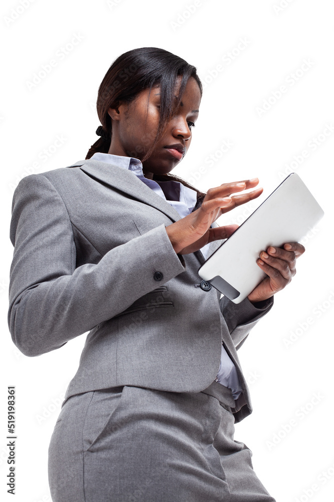 Young black business woman using a tablet. Isolated on white Young black business woman using a tablet. Isolated on white