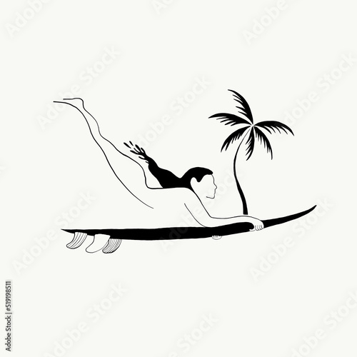 Woman Surfer Tree Palm Arte Illustration