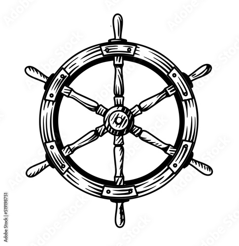 Ship steering wheel sketch engraving