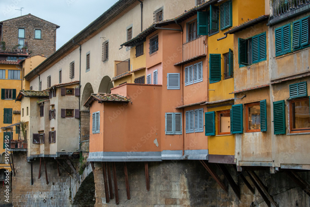 Close-up of the Ponte Vecchio in Florence, Italy, during a cloudy winter day.
