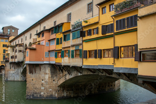 Close-up of the Ponte Vecchio in Florence, Italy, during a cloudy winter day.
