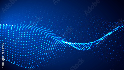 Wave of flowing particles on a dark background. Abstract backdrop with dynamic elements of waves and dots. Vector