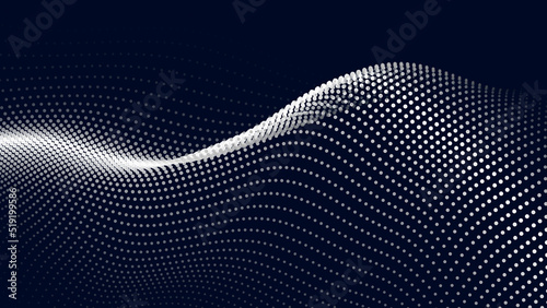 Wave of flowing particles on a dark background. Abstract backdrop with dynamic elements of waves and dots. Vector