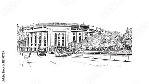Building view with landmark of New York is the city in New York State. Hand drawn sketch illustration in vector.