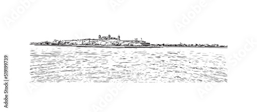 Building view with landmark of New York is the 
city in New York State. Hand drawn sketch illustration in vector.