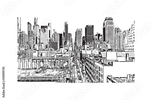 Building view with landmark of New York is the city in New York State. Hand drawn sketch illustration in vector.