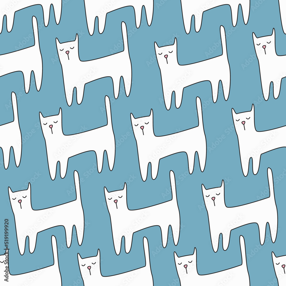 Vector Cute Pattern with Cartoon Funny white Cats on a light blue Background. Print for nursery, wrapping paper, wallpaper