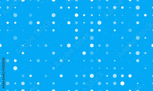 Seamless background pattern of evenly spaced white hexagon symbols of different sizes and opacity. Vector illustration on light blue background with stars