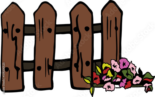Fence with flowers Illustration.  Hand-drawn illustration.