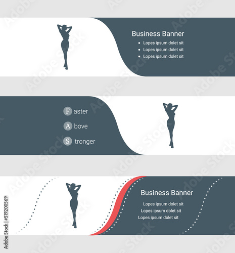Set of blue grey banner, horizontal business banner templates. Banners with template for text and sexy woman image. Classic and modern style. Vector illustration on grey background