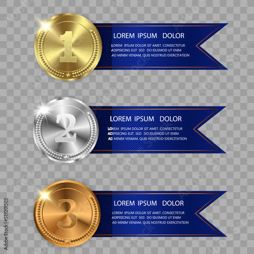 Set of gold, bronze and silver. Winner award competition, prize medal and banner for text. Award medals isolated on transparent background. Vector illustration of winner concept.	