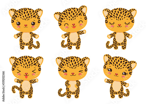 Kawaii leopard cheetah emoticon - calm, happy, laughing, smiling, waving, winking. Various facial expressions. Baby jaguar cheetah cub cute character. Chibi style. Adorable little safari animal.