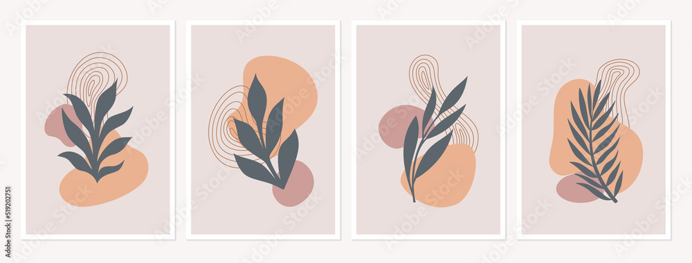 Set of abstract floral boho style wall art vector. Leaves and organic shapes in earth color palette. Botanical wall decoration collection design for interior, posters, cards, banners.