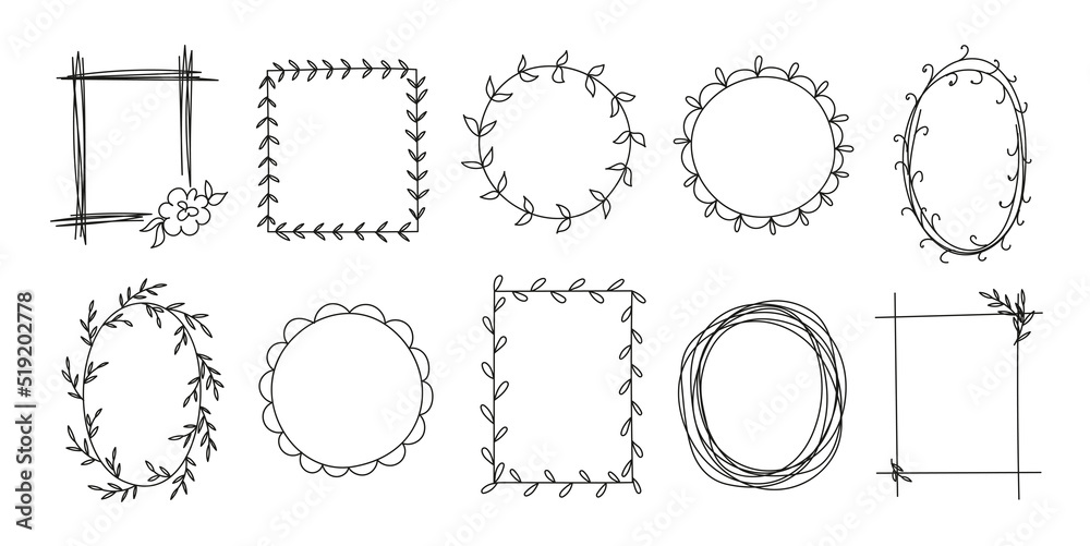 Fototapeta premium Set of 10 hand-drawn doodle style decorated frames. Vector decorative design elements.