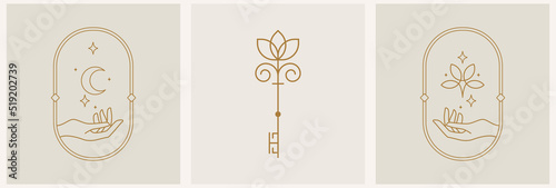 Mystical female hands logo in minimal linear style. Vector logo design. Templates with various hand gestures, moon, flower, stars and crystals. For cosmetics, beauty, tattoo, spa, manicure, jewelry st