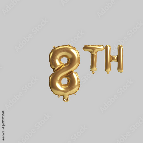 3d illustration of 8th gold balloons isolated on background