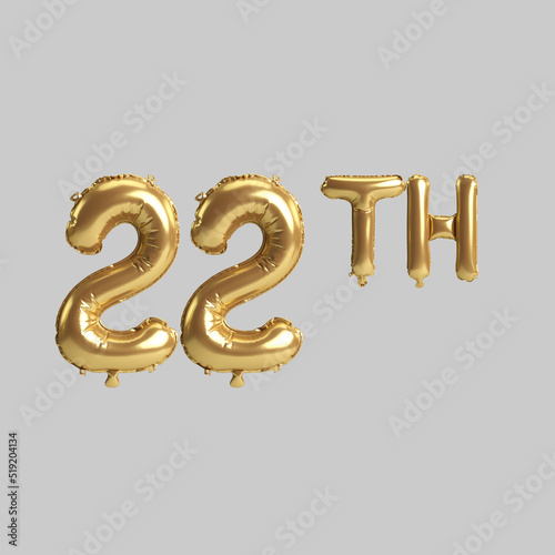 3d illustration of 22th gold balloons isolated on background