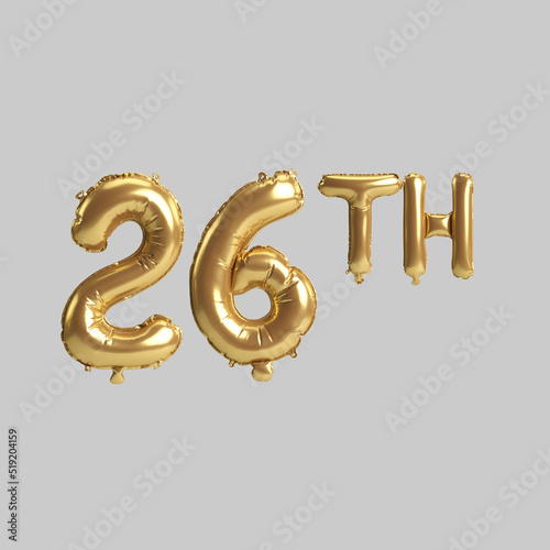 3d illustration of 26th gold balloons isolated on background
