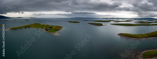 panorama landscape of the sunken drumlin islands of Clew Bay in County Mayo of western Ireland