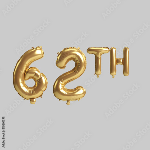 3d illustration of 62th gold balloons isolated on background