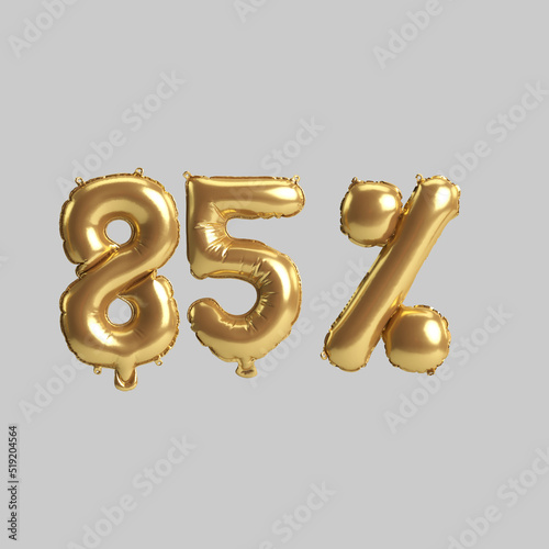 3d illustration of 85 percent gold balloons isolated on white background