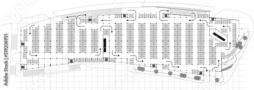 2d conceptual architectural drawing of a closed parking lot at basement floor of a big shopping center.  Vehicle circulation directions are marked with arrows.  Monochrome plan sketch