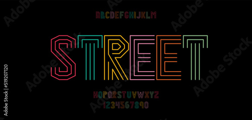Vector street font color line style modern typography for poster, decoration, promotion, book, t shirt, sale banner, printing on fabric. Cool alphabet. Trendy typeface. 10 eps