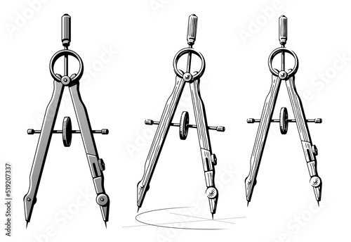 Drafting compass drawing plan design circle. Precision engineering divider vintage sketch vector illustration