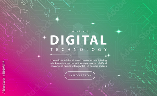 Digital technology banner green pink background concept with technology light effect, abstract tech, innovation future data, internet network, Ai big data, lines dots connection, illustration vector
