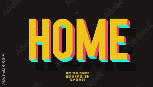 Vector home font 3d bold color style modern typography for infographics, motion graphics, video, promotion, decoration, logotype, party poster, t shirt, book, animation, banner, game, printing. 10 eps