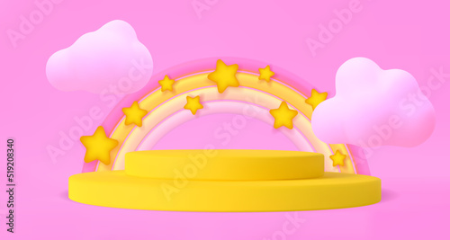 Background for baby girls with a podium and a rainbow and stars with clouds