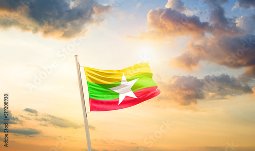 Myanmar national flag cloth fabric waving on the sky - Image