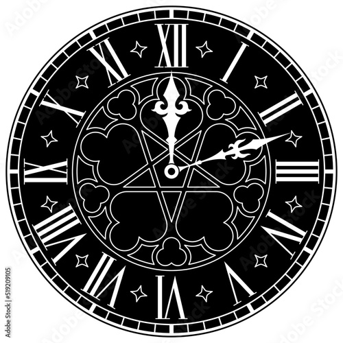 Gothic Clock Face With Roman Numerals. Vector vintage image.