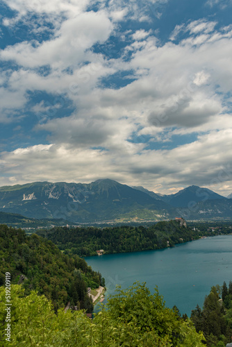 Lake in Bled town in Slovenia in cloudy summer day