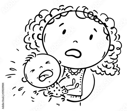 Line drawing of a baby is crying and mother in panic