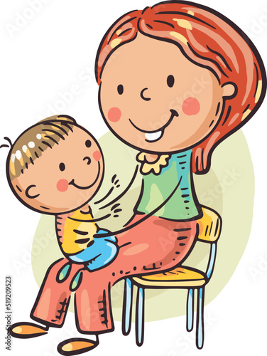 Illustration of merry son and mom spend time together