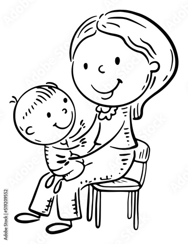 Line drawing of a merry son and mom spend time together