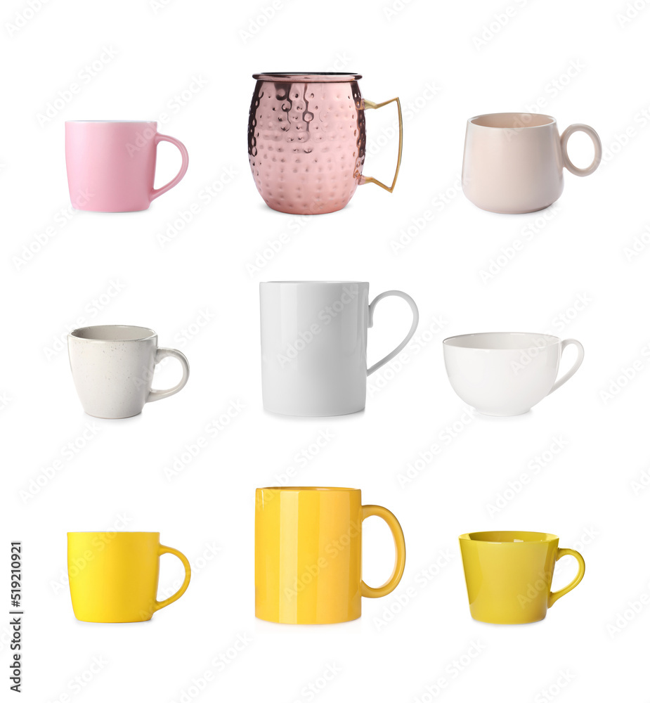 Set with different beautiful cups on white background Set with different beautiful cups on white background