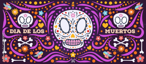 Day of the Dead banner colorful style. Dia de Los Muertos with skull and flower for decoration, funny poster party, t shirt, fiesta, greeting card. Mexico Halloween party flyer. Vector 10 eps