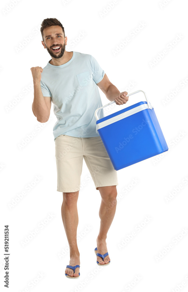 Happy man with cool box on white background Happy man with cool box on white background