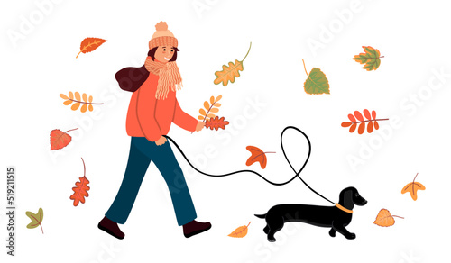 Female character walking with a dachshund dog and autumn leaves.Fall season colorful background for printing on fabric and paper.Vector flat cartoon illustration isolated on white. 
