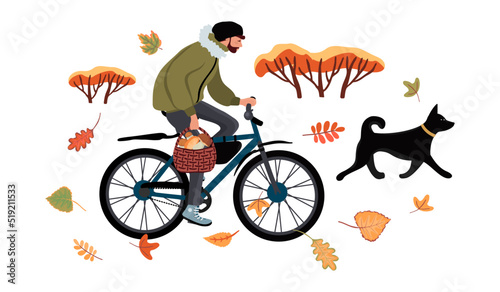 Male character on bike, dog and autumn leaves isolated on white background.Man holds a basket of mushrooms in his hand.Autumn vector flat cartoon illustration icons set for design card,poster,sticker.