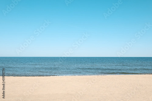 Picturesque view of sandy beach with seagulls near sea